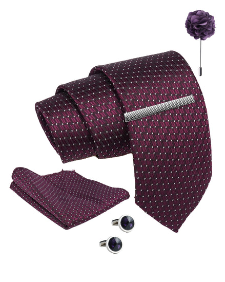 Axlon Tie Set for Men - Deep Wine, dotted | Necktie Gift Box with Cufflinks, Pocket Square & Lapel Pin