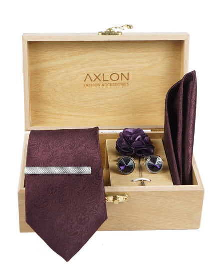 Axlon Tie Set for Men - Deep Wine, paisley | Necktie Gift Box with Cufflinks, Pocket Square & Lapel Pin