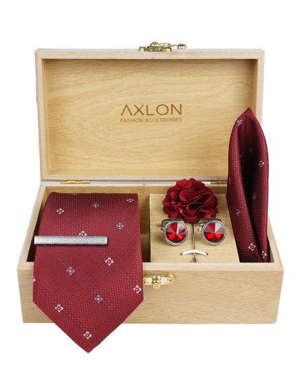 Axlon Tie Set for Men - Luxe Maroon, Dotted | Necktie Gift Box with Cufflinks, Pocket Square & Lapel Pin