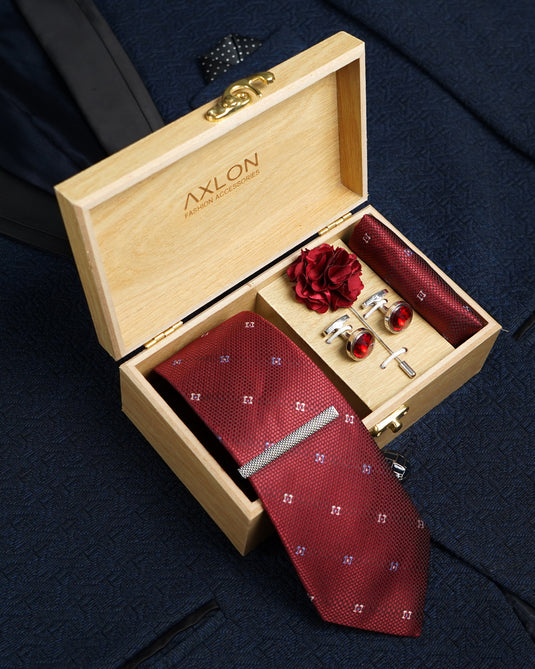 Axlon Tie Set for Men - Luxe Maroon, Dotted | Necktie Gift Box with Cufflinks, Pocket Square & Lapel Pin