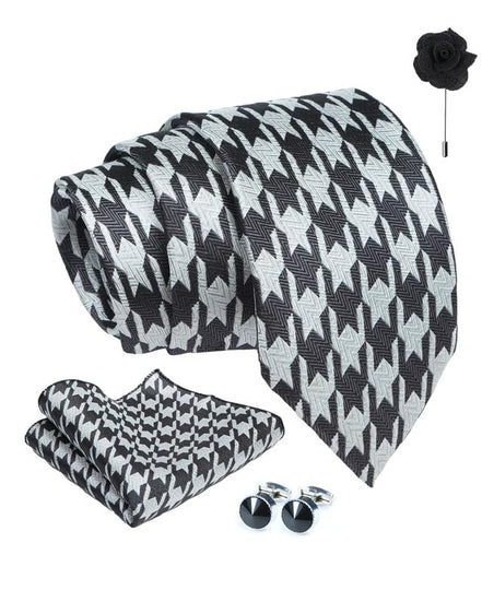 Axlon Tie for Men – Geometric Silk Neck Ties Set with Cufflinks Flower Pin, Pocket Square & Black Gift Box, Combo Necktie Sets for Office Wear, Formal Suits & Weddings (0, G2pn)