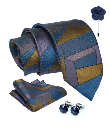 Axlon Tie for Men – Geometric Silk Neck Ties Set with Cufflinks Flower Pin, Pocket Square & Black Gift Box, Combo Necktie Sets for Office Wear, Formal Suits & Weddings (0, GApn)