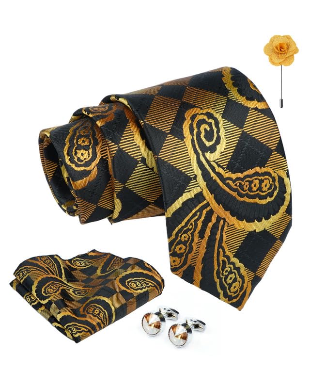 Axlon Tie for Men – Dotted Silk Neck Ties Set with Cufflinks Flower Pin, Pocket Square & Black Gift Box, Combo Necktie Sets for Office Wear, Formal Suits & Weddings (0, Cpspn)
