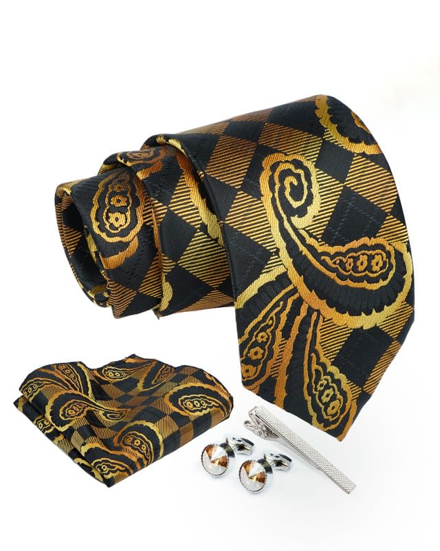 Axlon Tie for Men – Geometric Silk Neck Ties Set with Cufflinks Flower Pin, Pocket Square & Black Gift Box, Combo Necktie Sets for Office Wear, Formal Suits & Weddings (0, TPCpspn)