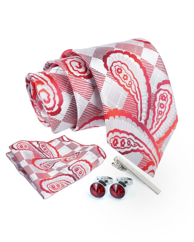 Axlon Tie for Men – Geometric Silk Neck Ties Set with Cufflinks Flower Pin, Pocket Square & Black Gift Box, Combo Necktie Sets for Office Wear, Formal Suits & Weddings (0, TPCpspn)
