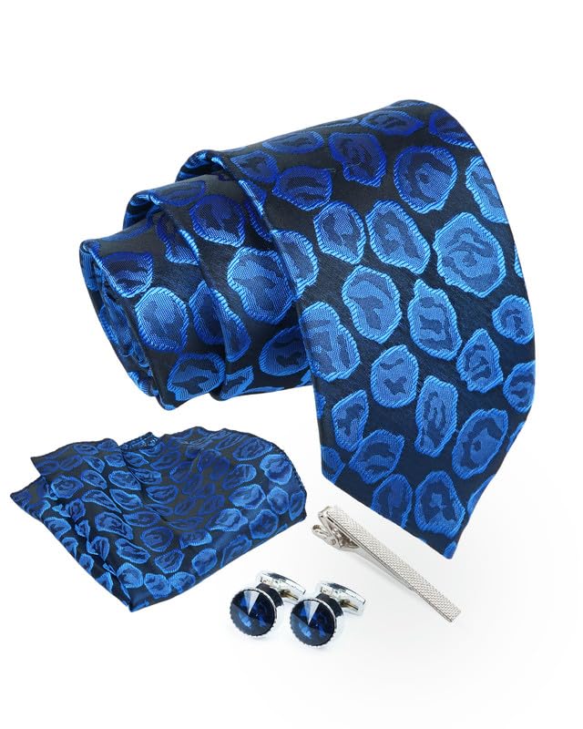 Axlon Tie for Men – Dotted Silk Neck Ties Set with Cufflinks Flower Pin, Pocket Square & Black Gift Box, Combo Necktie Sets for Office Wear, Formal Suits & Weddings (0, TPSTONEpn)