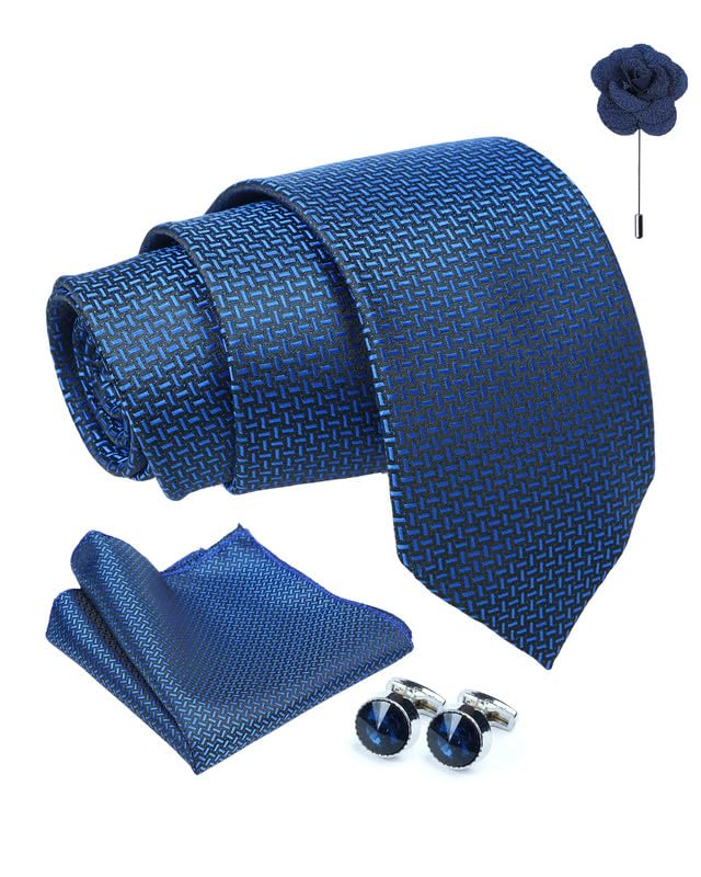 Axlon Tie for Men – Self Silk Neck Ties Set with Cufflinks Flower Pin, Pocket Square & Black Gift Box, Combo Necktie Sets for Office Wear, Formal Suits & Weddings (0, SIDIpn)