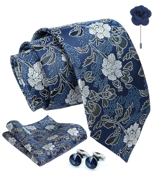 Axlon Tie for Men – Micro Silk Neck Ties Set with Cufflinks Flower Pin, Pocket Square & Black Gift Box, Combo Necktie Sets for Office Wear, Formal Suits & Weddings (0, Mflowerpn)