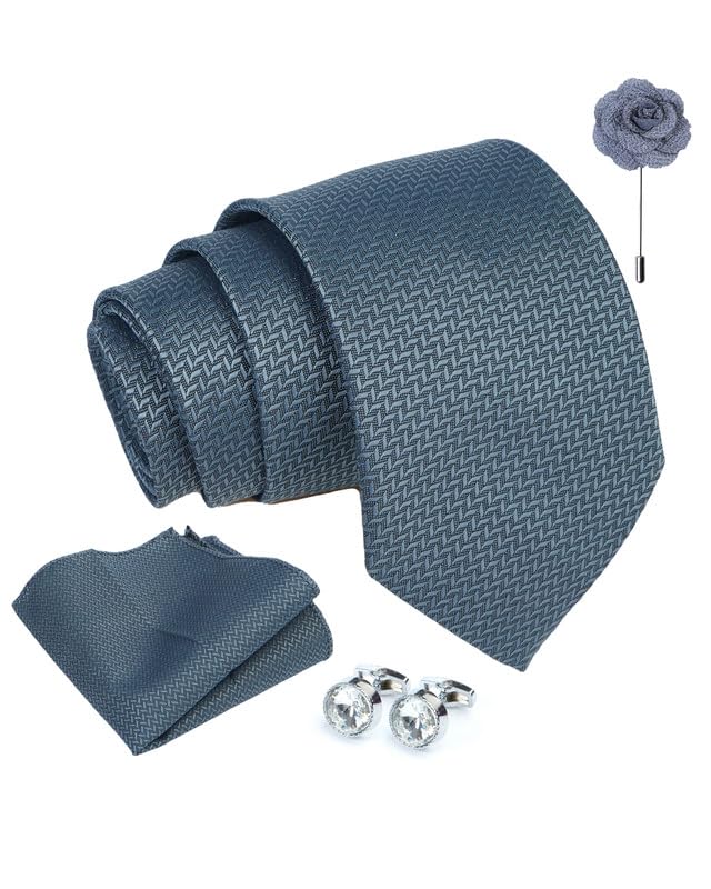 Axlon Tie for Men – Self Silk Neck Ties Set with Cufflinks Flower Pin, Pocket Square & Black Gift Box, Combo Necktie Sets for Office Wear, Formal Suits & Weddings (0, SIDIpn)