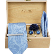 Axlon Tie Set for Men - Skyline Blue, paisley | Necktie Gift Box with Cufflinks, Pocket Square & Lapel Pin