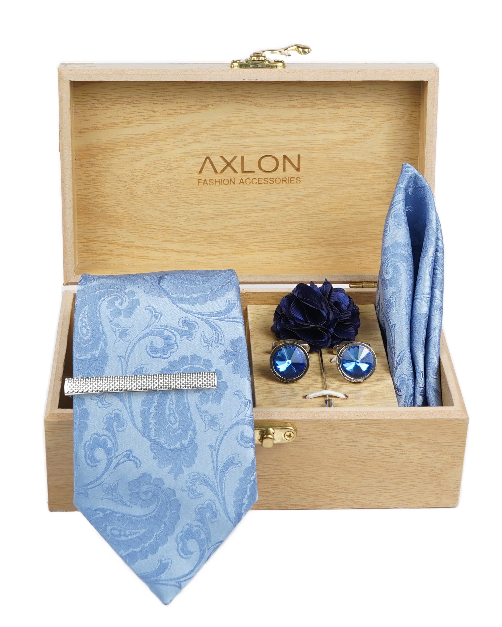 Axlon Tie Set for Men - Skyline Blue, paisley | Necktie Gift Box with Cufflinks, Pocket Square & Lapel Pin