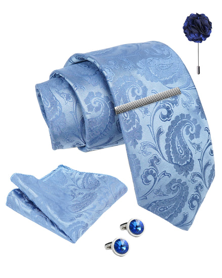Axlon Tie Set for Men - Skyline Blue, paisley | Necktie Gift Box with Cufflinks, Pocket Square & Lapel Pin