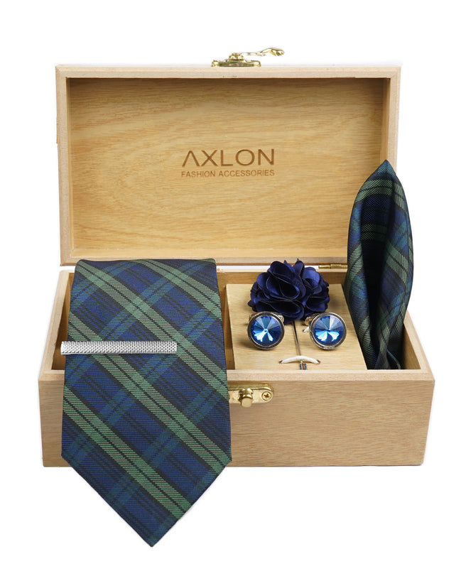 Axlon Tie Set for Men - Ocean Mist, checkered | Necktie Gift Box with Cufflinks, Pocket Square & Lapel Pin