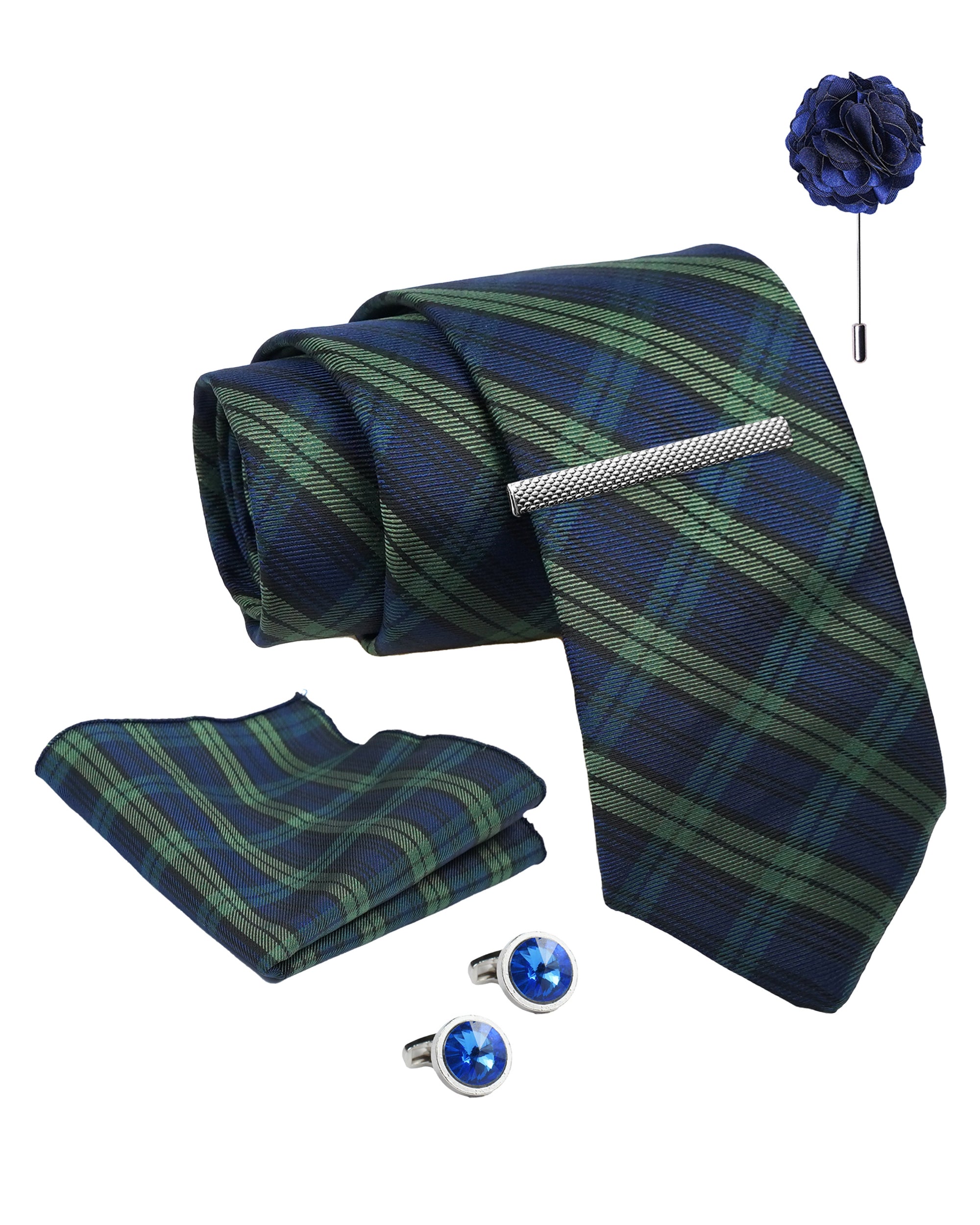 Axlon Tie Set for Men - Ocean Mist, checkered | Necktie Gift Box with Cufflinks, Pocket Square & Lapel Pin