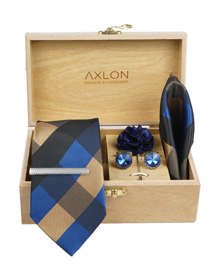 Axlon Tie Set for Men - Navy with Golden Touch, checkered | Necktie Gift Box with Cufflinks, Pocket Square & Lapel Pin