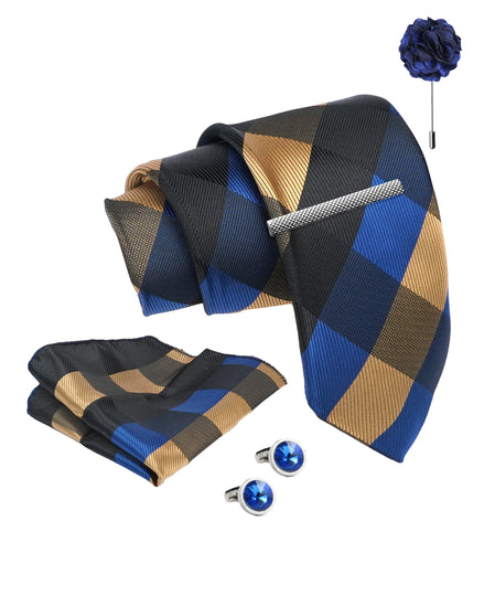 Axlon Tie Set for Men - Navy with Golden Touch, checkered | Necktie Gift Box with Cufflinks, Pocket Square & Lapel Pin