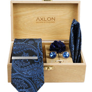Axlon Tie Set for Men - Deep Navy Blue, Paisley | Necktie Gift Box with Cufflinks, Pocket Square & Lapel Pin
