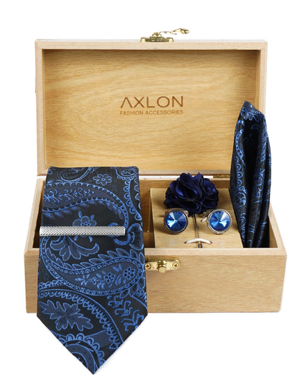 Axlon Tie Set for Men - Deep Navy Blue, Paisley | Necktie Gift Box with Cufflinks, Pocket Square & Lapel Pin