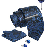 Axlon Tie Set for Men - Deep Navy Blue, Paisley | Necktie Gift Box with Cufflinks, Pocket Square & Lapel Pin