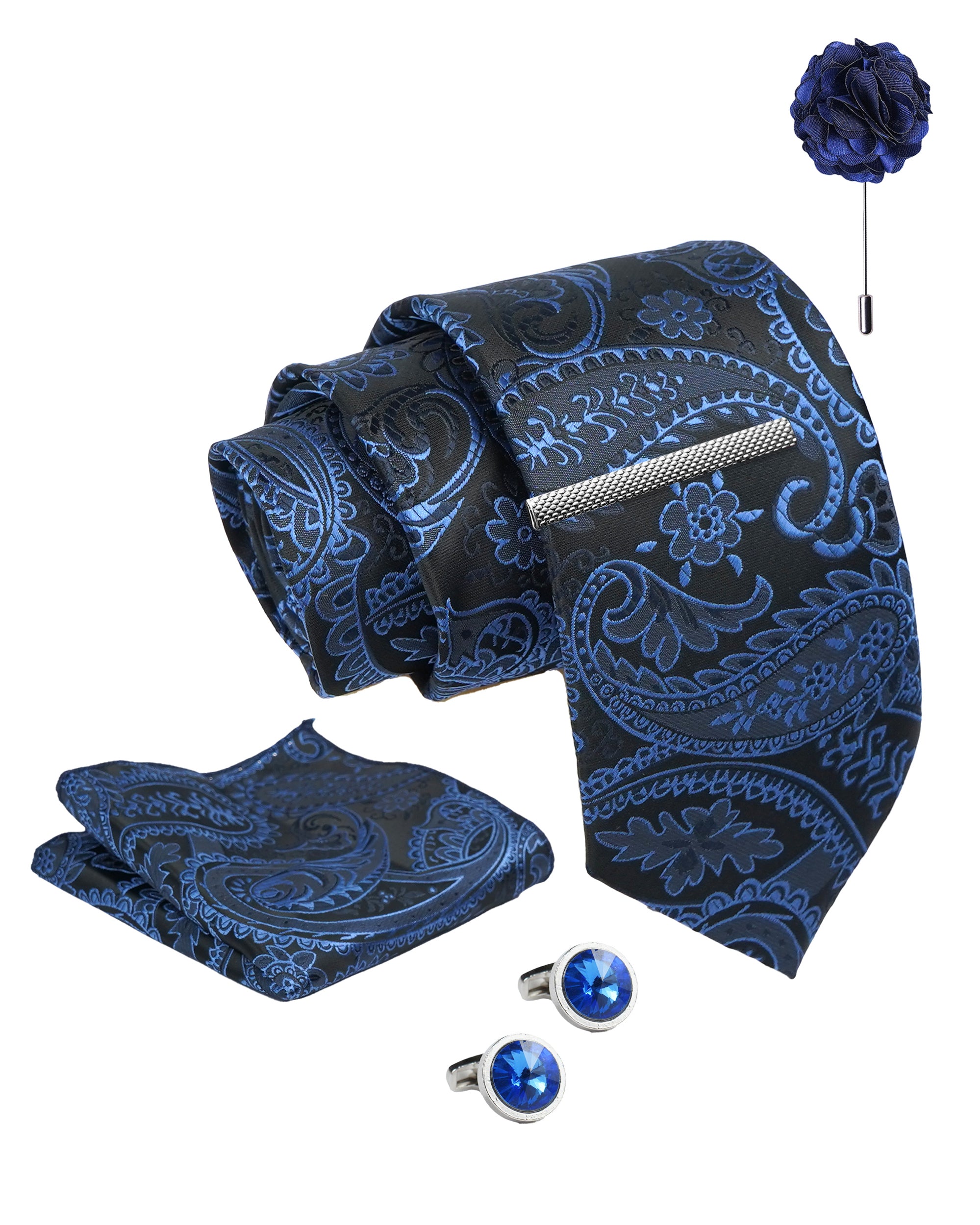 Axlon Tie Set for Men - Deep Navy Blue, Paisley | Necktie Gift Box with Cufflinks, Pocket Square & Lapel Pin