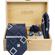 Axlon Tie Set for Men -  Deep Navy Blue, checkered | Necktie Gift Box with Cufflinks, Pocket Square & Lapel Pin