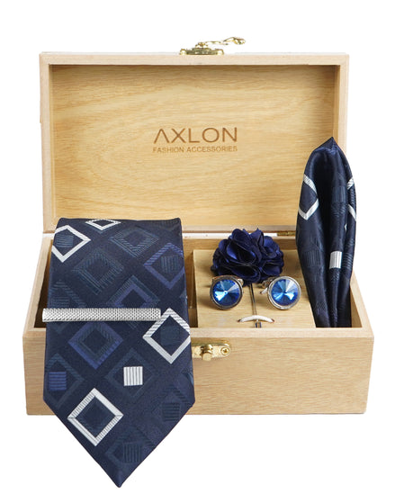 Axlon Tie Set for Men -  Deep Navy Blue, checkered | Necktie Gift Box with Cufflinks, Pocket Square & Lapel Pin