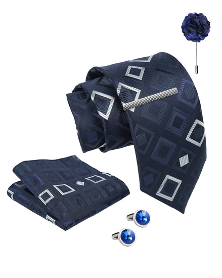 Axlon Tie Set for Men -  Deep Navy Blue, checkered | Necktie Gift Box with Cufflinks, Pocket Square & Lapel Pin