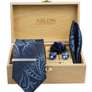 Axlon Tie Set for Men -  Deep Navy Blue, Paisley | Necktie Gift Box with Cufflinks, Pocket Square & Lapel Pin