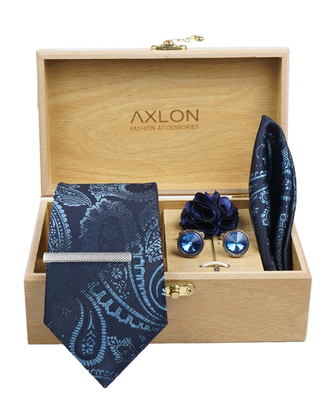 Axlon Tie Set for Men -  Deep Navy Blue, Paisley | Necktie Gift Box with Cufflinks, Pocket Square & Lapel Pin