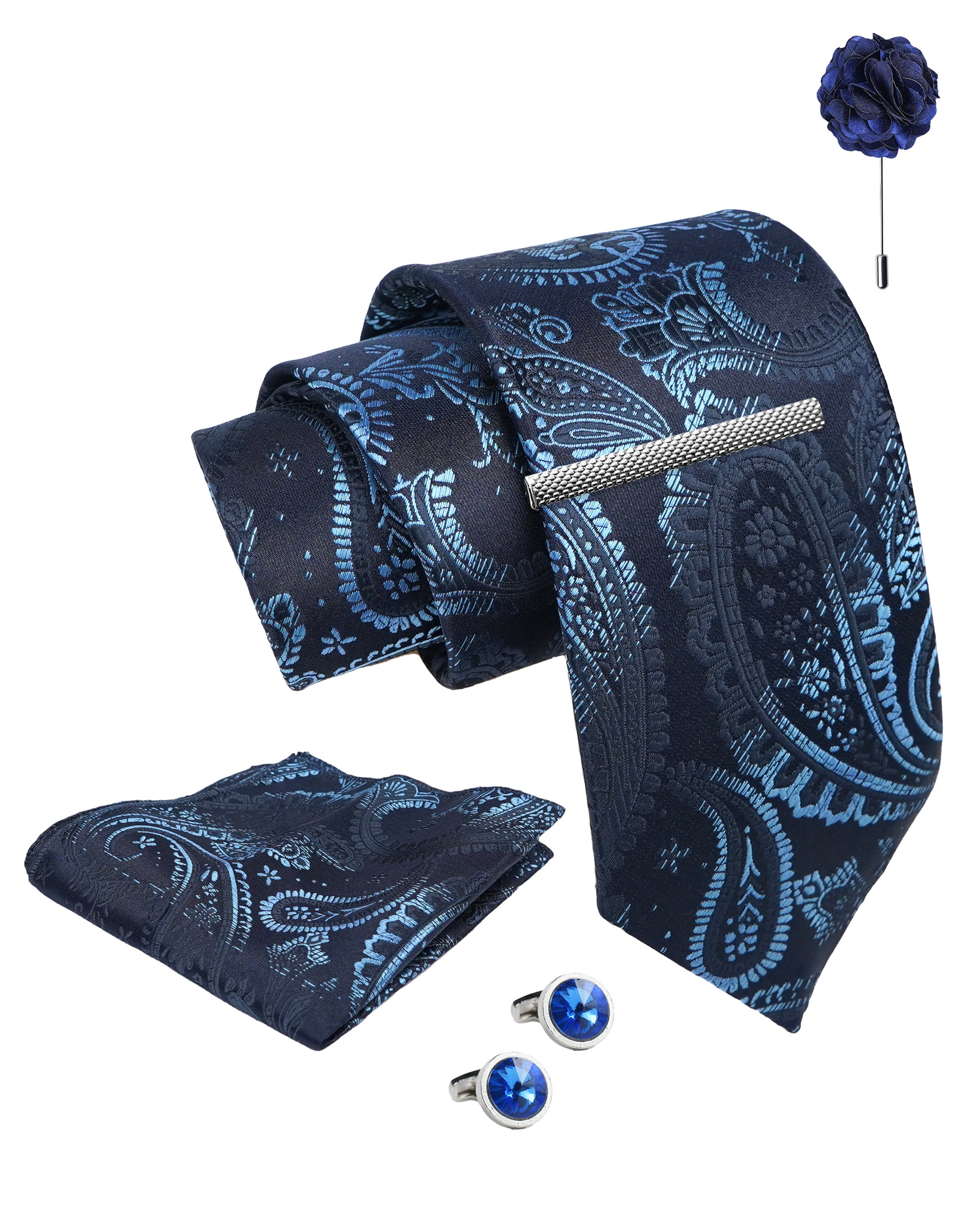 Axlon Tie Set for Men -  Deep Navy Blue, Paisley | Necktie Gift Box with Cufflinks, Pocket Square & Lapel Pin