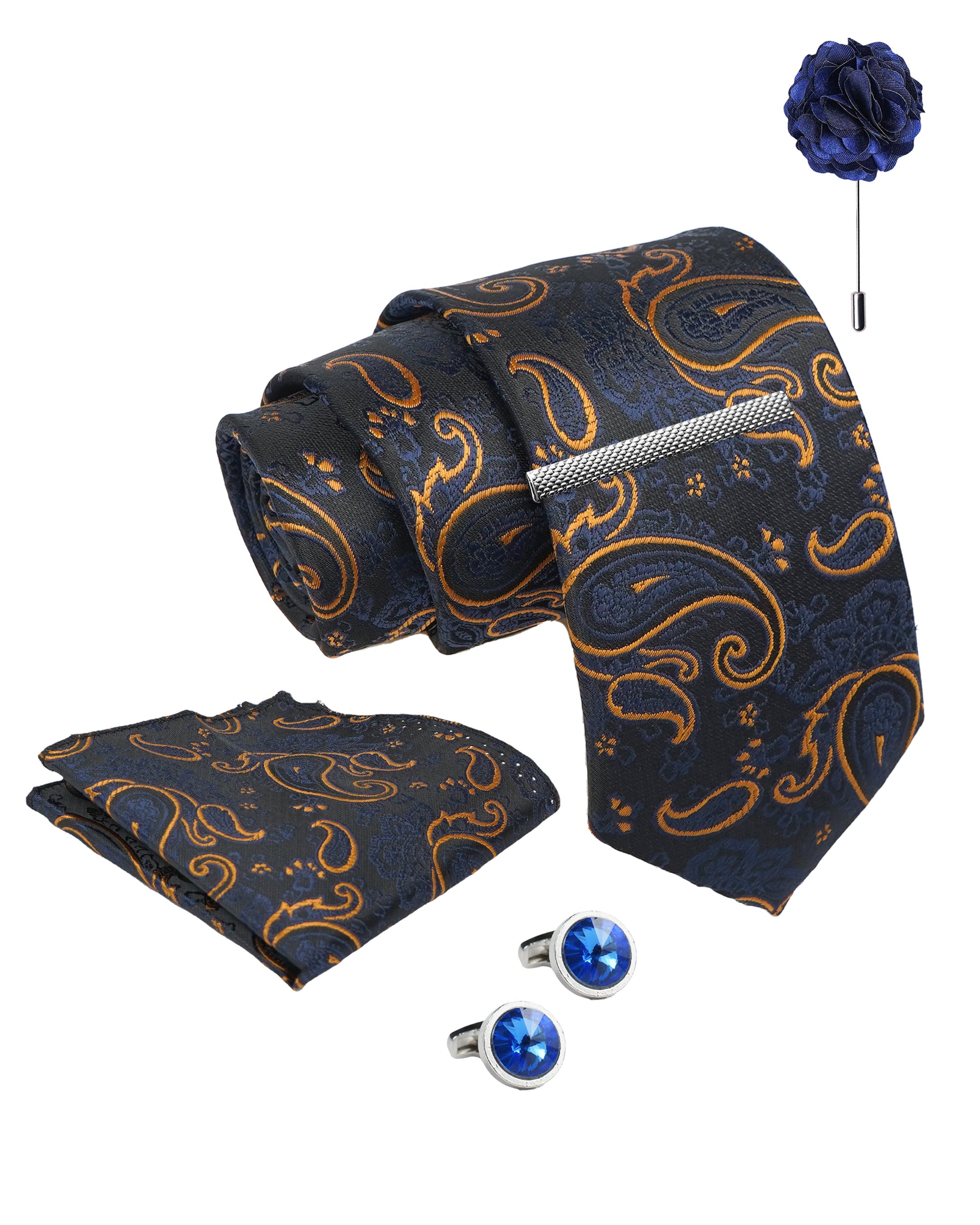 Axlon Tie Set for Men - Regal Blue & Gold,  paisley | Necktie Gift Box with Cufflinks, Pocket Square & Lapel Pin