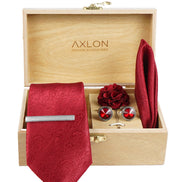 Axlon Tie Set for Men - Crimson Red, paisley | Necktie Gift Box with Cufflinks, Pocket Square & Lapel Pin