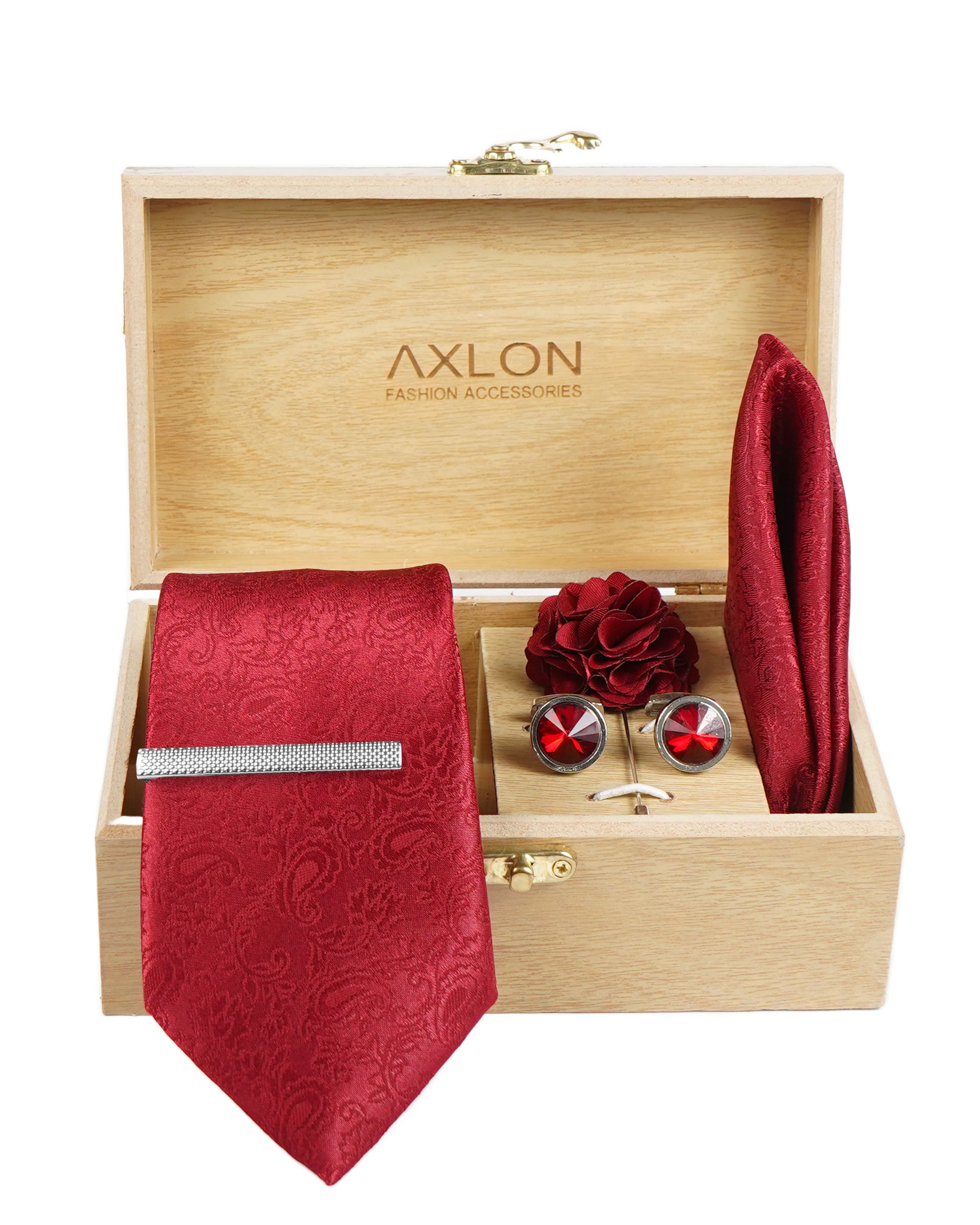Axlon Tie Set for Men - Crimson Red, paisley | Necktie Gift Box with Cufflinks, Pocket Square & Lapel Pin