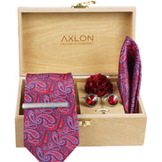 Axlon Tie Set for Men - Wine Plum, paisley | Necktie Gift Box with Cufflinks, Pocket Square & Lapel Pin