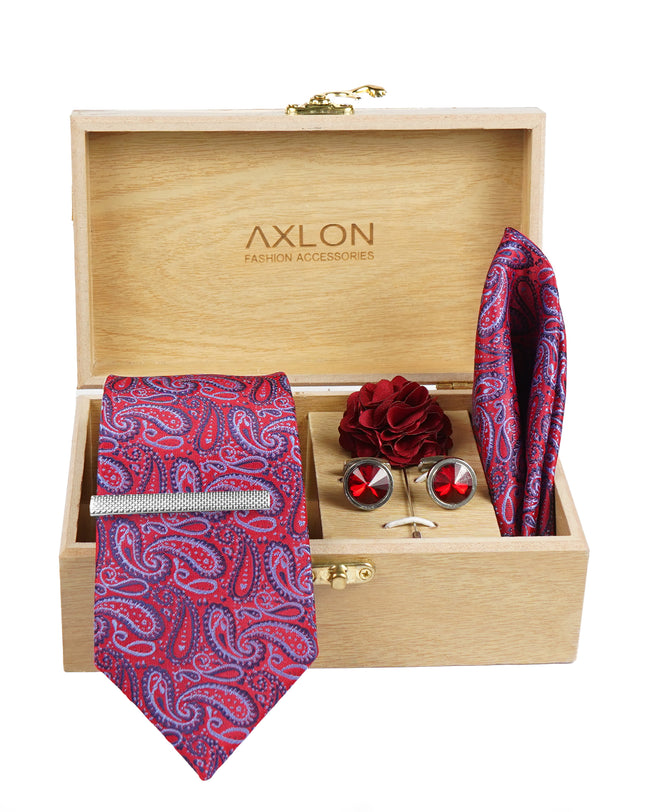 Axlon Tie Set for Men - Wine Plum, paisley | Necktie Gift Box with Cufflinks, Pocket Square & Lapel Pin