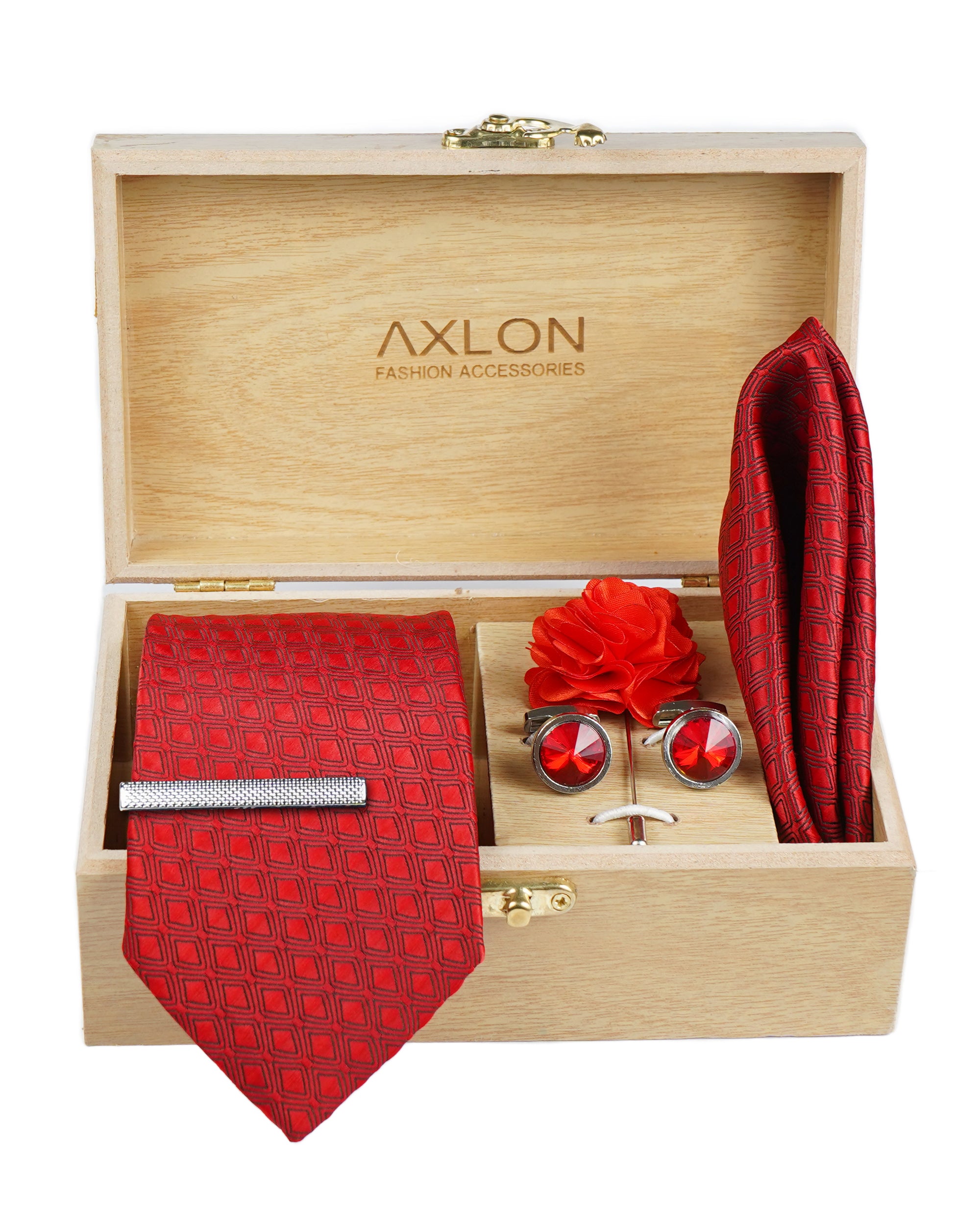 Axlon Tie Set for Men - Luxe Maroon, Dotted | Necktie Gift Box with Cufflinks, Pocket Square & Lapel Pin