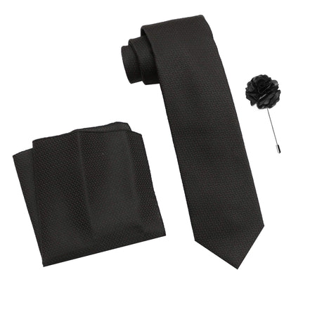 RIZORO Tie for Men – Self Silk Neck Ties Set with Cufflinks Flower Pin, Pocket Square & Black Gift Box, Combo Necktie Sets for Office Wear, Formal Suits & Weddings (0, SIDIRS)