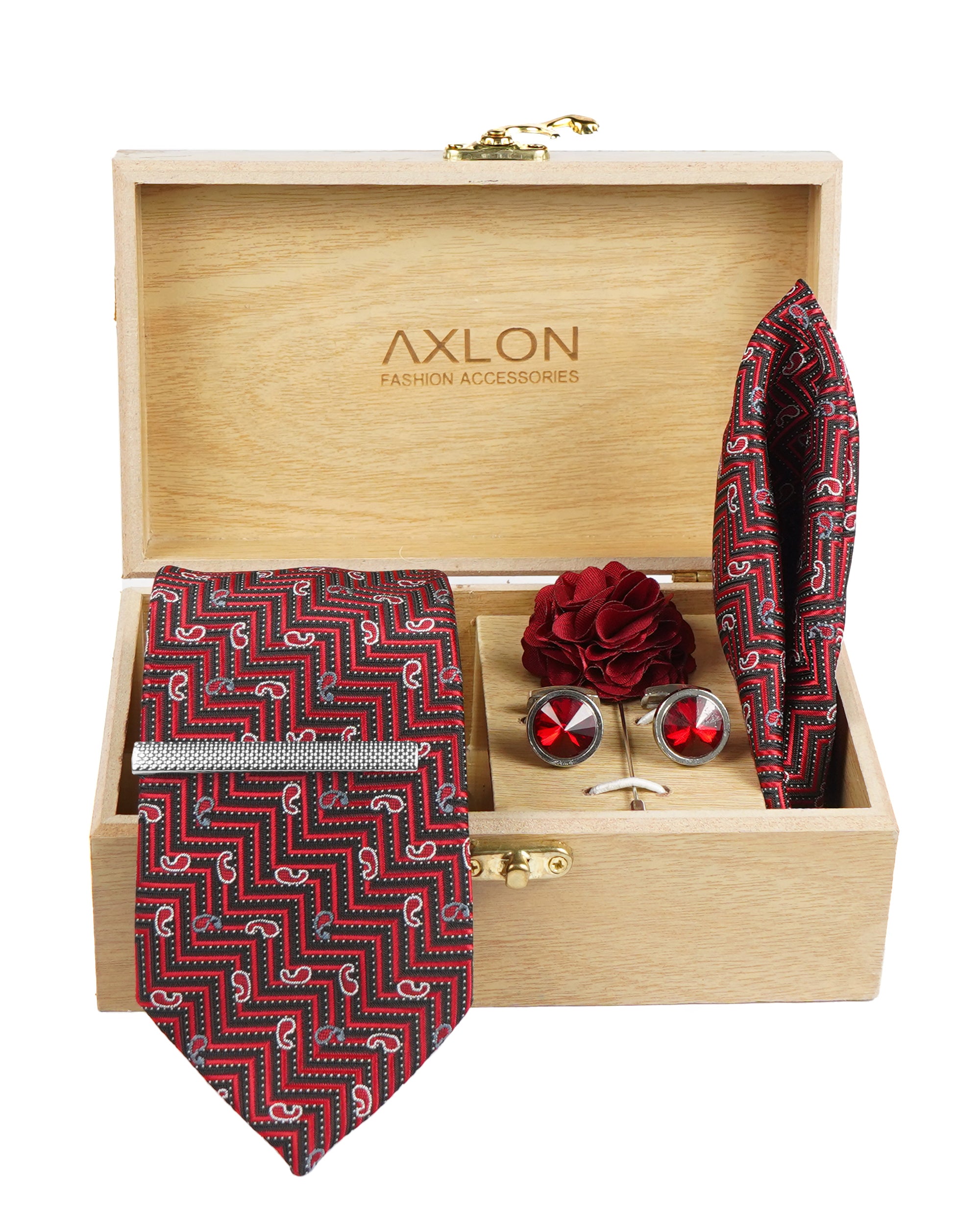 Axlon Tie Set for Men - Luxe Maroon, paisley | Necktie Gift Box with Cufflinks, Pocket Square & Lapel Pin
