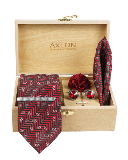 Axlon Tie Set for Men - Luxe Maroon, paisley | Necktie Gift Box with Cufflinks, Pocket Square & Lapel Pin