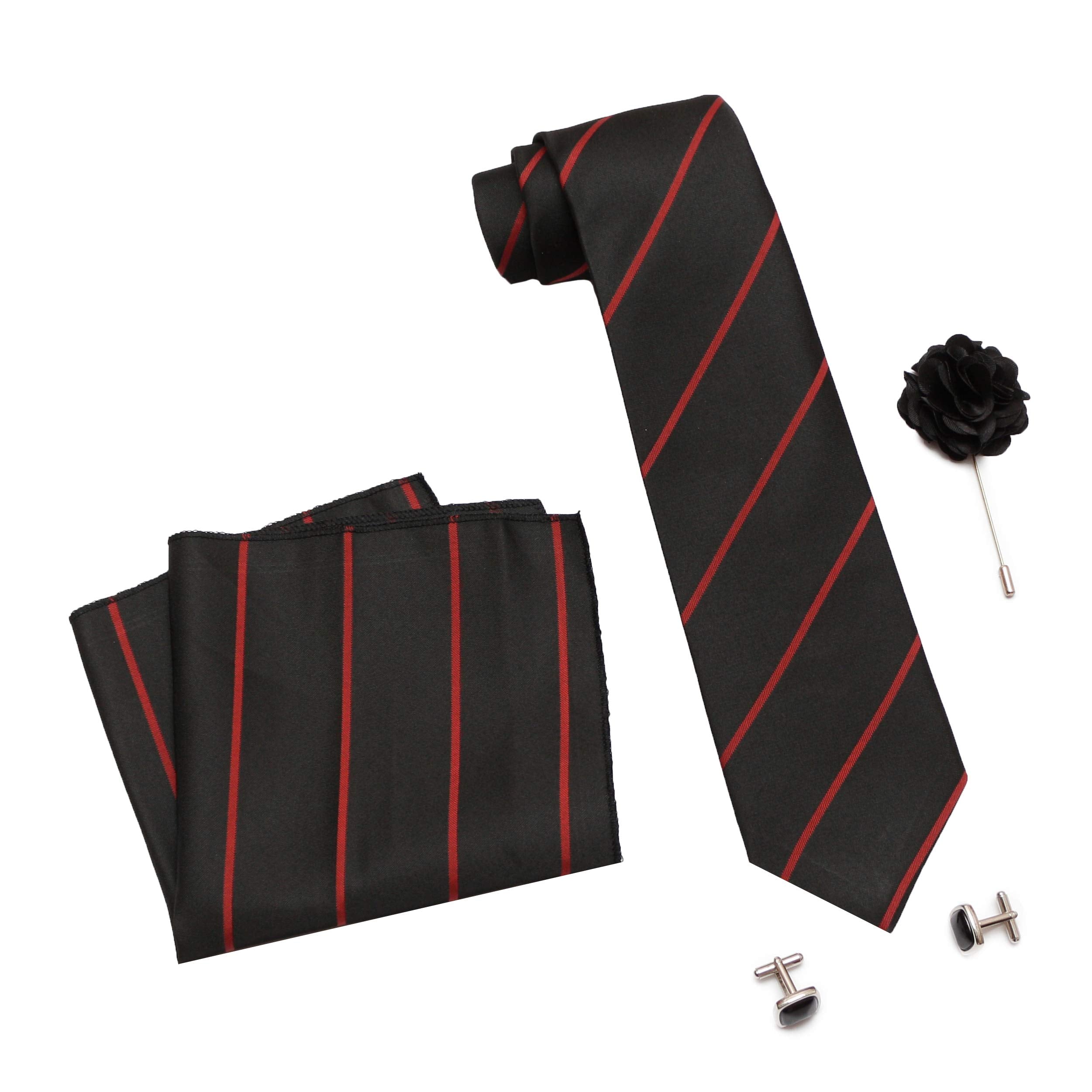 RIZORO Tie for Men – Plaid Silk Neck Ties Set with Cufflinks Flower Pin, Pocket Square & Black Gift Box, Combo Necktie Sets for Office Wear, Formal Suits & Weddings (0, S2RB)