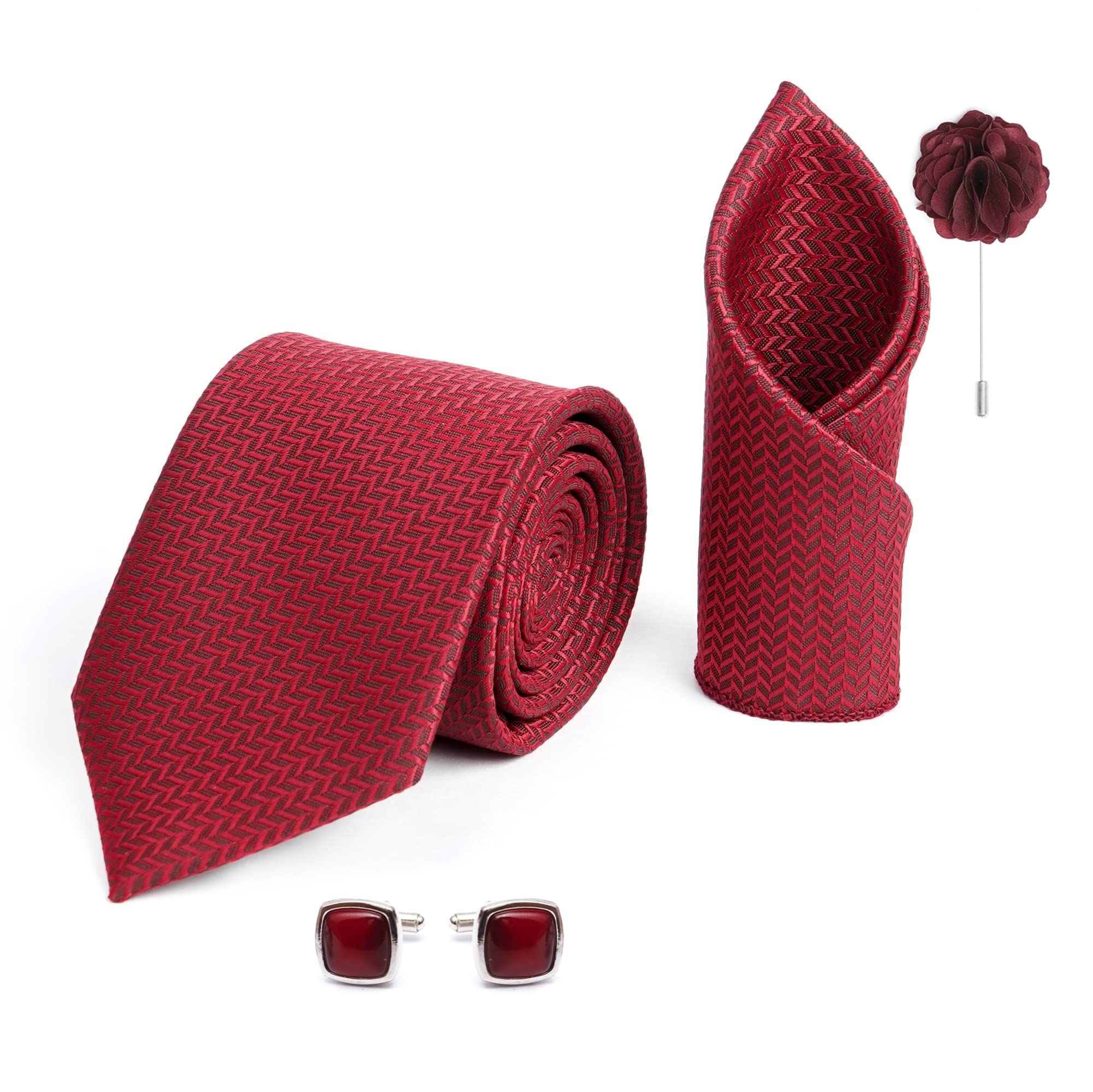 RIZORO Tie for Men – Self Silk Neck Ties Set with Cufflinks Flower Pin, Pocket Square & Black Gift Box, Combo Necktie Sets for Office Wear, Formal Suits & Weddings (0, SIDIRX)