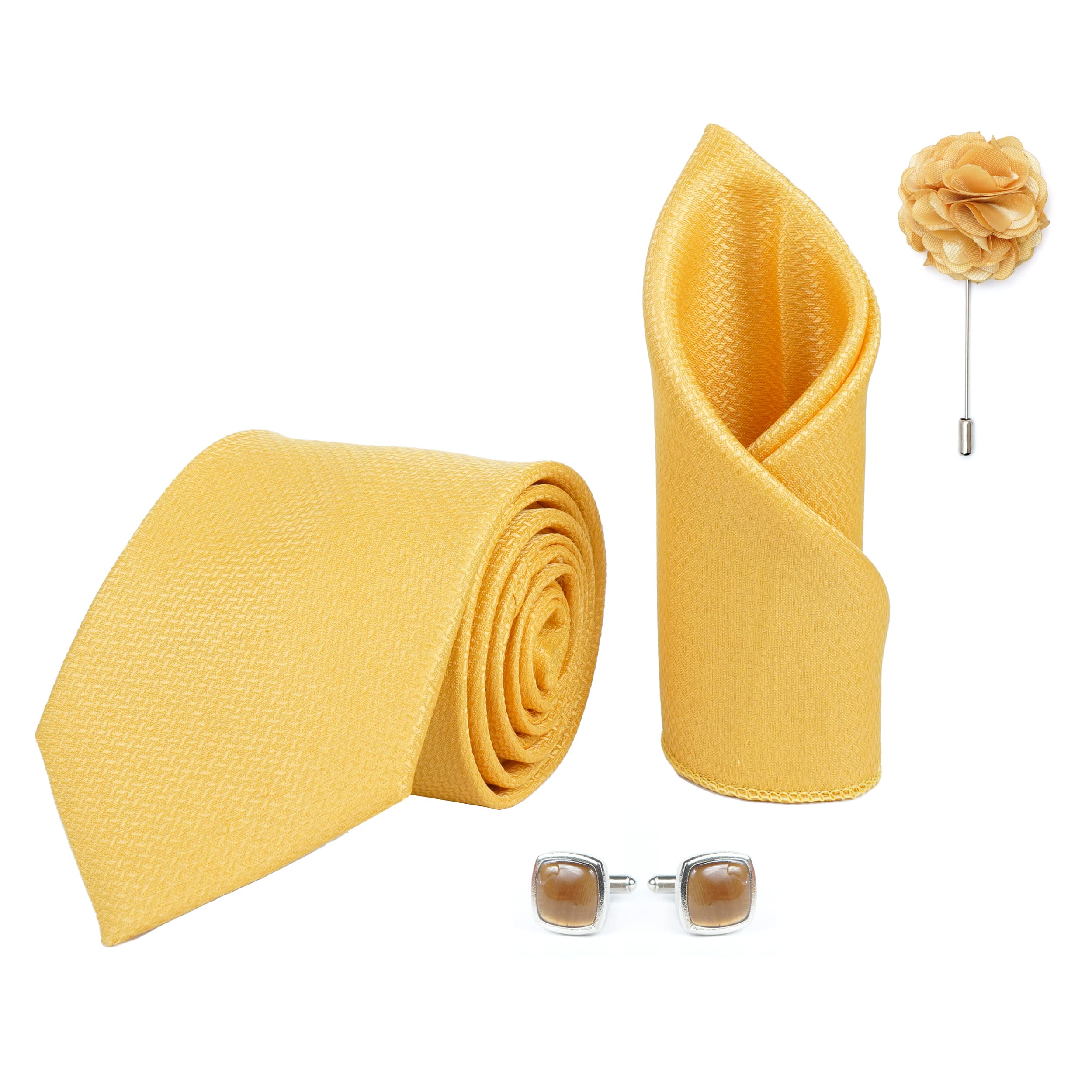 RIZORO Tie for Men – Self Silk Neck Ties Set with Cufflinks Flower Pin, Pocket Square & Black Gift Box, Combo Necktie Sets for Office Wear, Formal Suits & Weddings (0, SIDIRX)