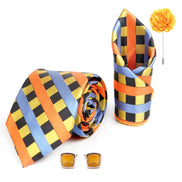 RIZORO Tie for Men – Plaid Silk Neck Ties Set with Cufflinks Flower Pin, Pocket Square & Black Gift Box, Combo Necktie Sets for Office Wear, Formal Suits & Weddings (0, STRIPM1RX)