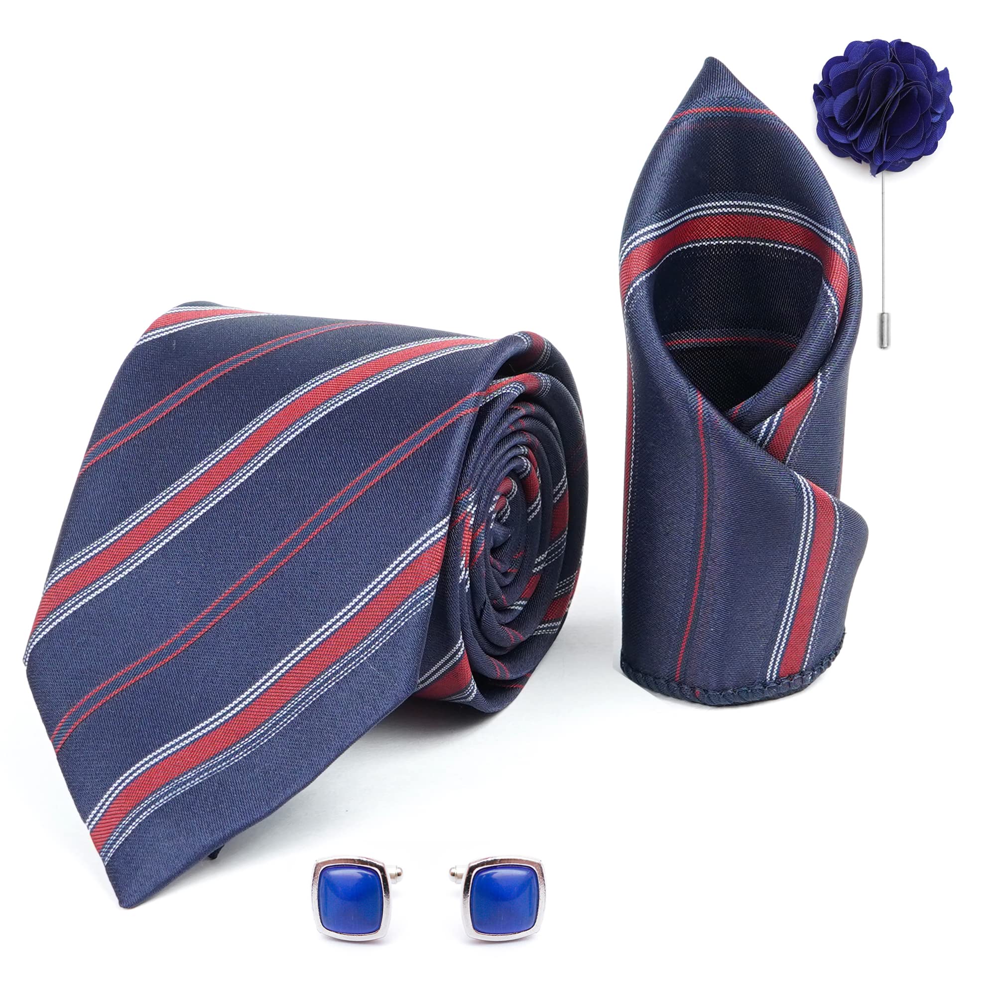 RIZORO Tie for Men – Self Silk Neck Ties Set with Cufflinks Flower Pin, Pocket Square & Black Gift Box, Combo Necktie Sets for Office Wear, Formal Suits & Weddings (0, S6RX)