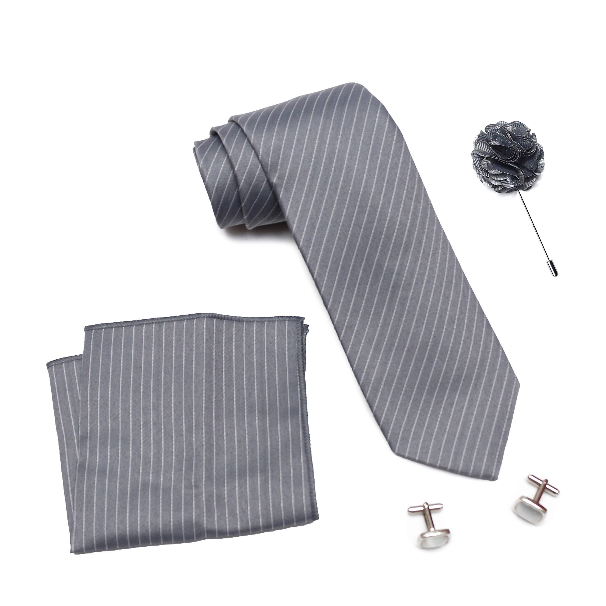 RIZORO Tie for Men – Plaid Silk Neck Ties Set with Cufflinks Flower Pin, Pocket Square & Black Gift Box, Combo Necktie Sets for Office Wear, Formal Suits & Weddings (0, S1RB)