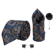 Axlon Tie for Men – Paisley Silk Neck Ties Set with Cufflinks Flower Pin, Pocket Square & Black Gift Box, Combo Necktie Sets for Office Wear, Formal Suits & Weddings (Navy Blue Gold, AX11_10)