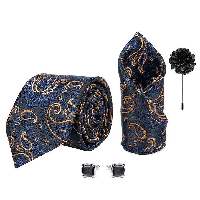 Axlon Tie for Men – Paisley Silk Neck Ties Set with Cufflinks Flower Pin, Pocket Square & Black Gift Box, Combo Necktie Sets for Office Wear, Formal Suits & Weddings (Navy Blue Gold, AX11_10)