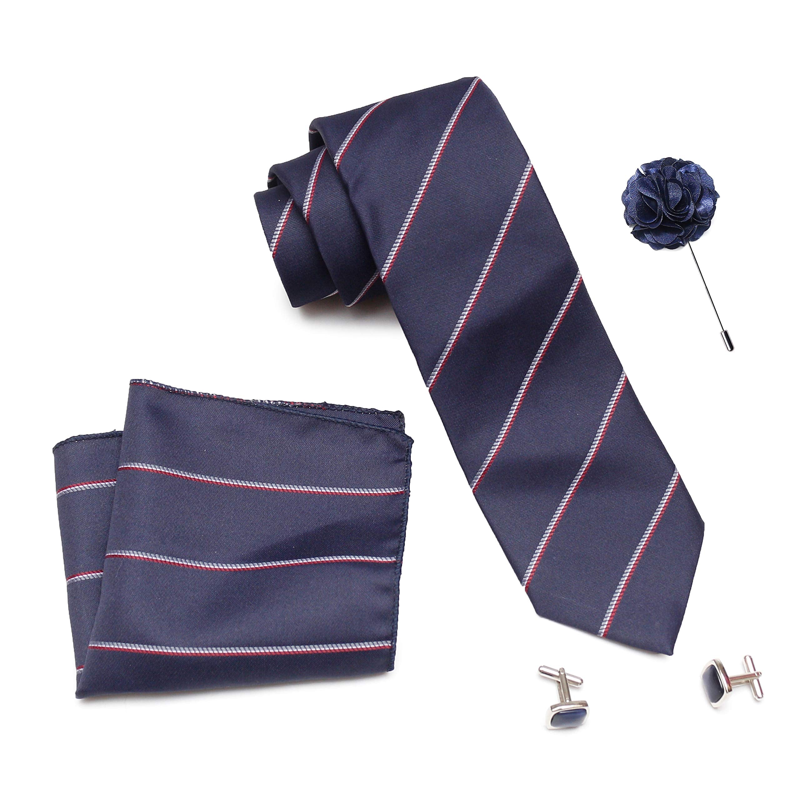 RIZORO Tie for Men – Plaid Silk Neck Ties Set with Cufflinks Flower Pin, Pocket Square & Black Gift Box, Combo Necktie Sets for Office Wear, Formal Suits & Weddings (0, S4RB)