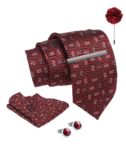 Axlon Tie Set for Men - Luxe Maroon, paisley | Necktie Gift Box with Cufflinks, Pocket Square & Lapel Pin
