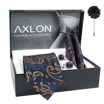 Axlon Tie for Men – Paisley Silk Neck Ties Set with Cufflinks Flower Pin, Pocket Square & Black Gift Box, Combo Necktie Sets for Office Wear, Formal Suits & Weddings (Navy Blue Gold, AX11_10)